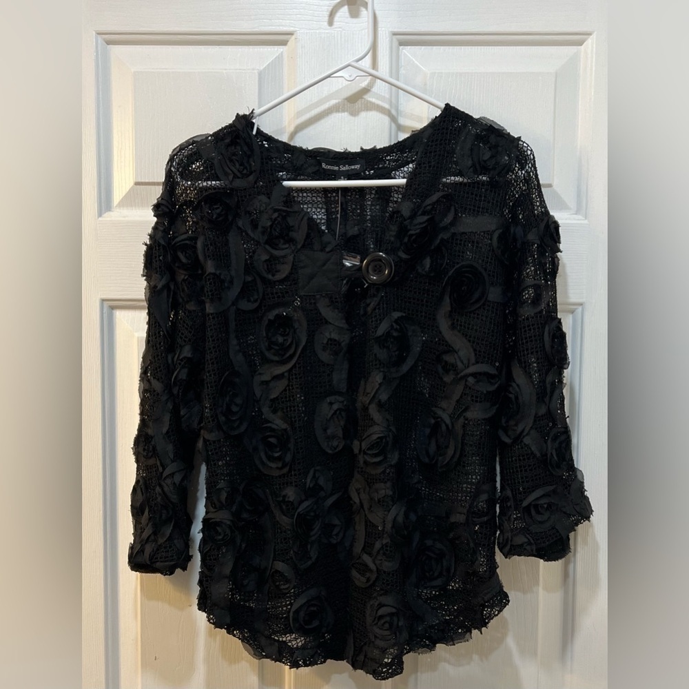 NWT Ronnie Salloway Sheer Mesh Blazer Black Rosette‎ Whimsigoth NYE Event Sz S